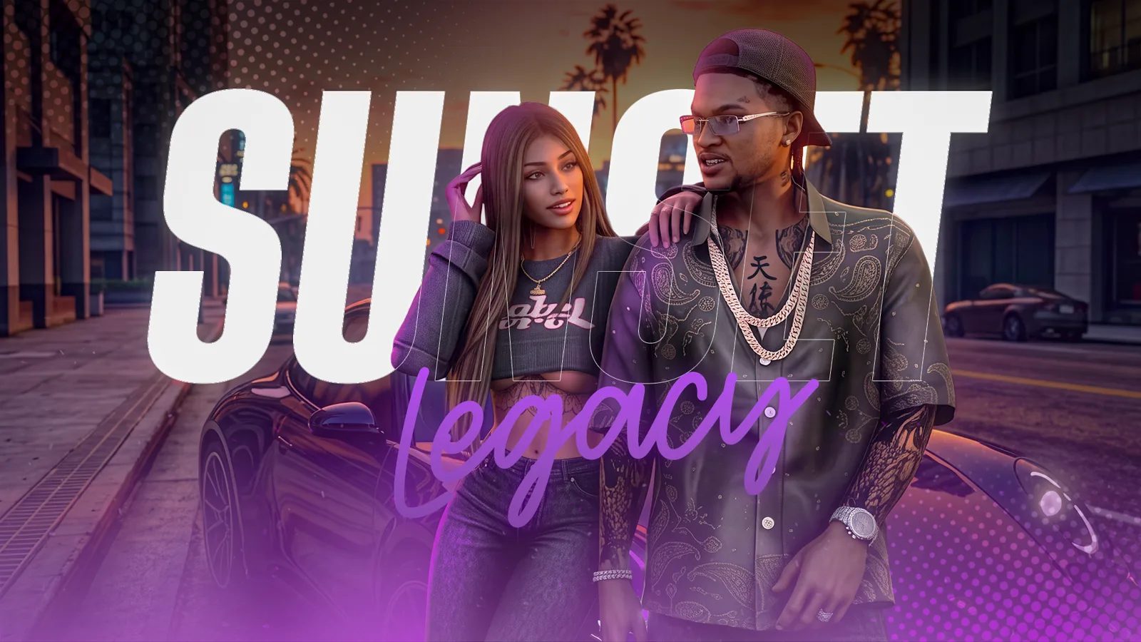 Sunset Legacy Roleplay : deux personnages devant une voiture au coucher du soleil